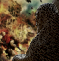 Back of woman in Islamic dress next to war scene